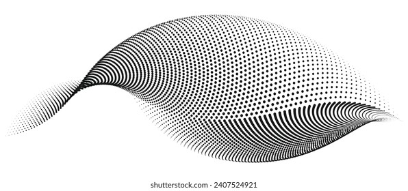 A dynamic, horizontal illustration of particle waves in a halftone gradient, forming a flowing dot curve on a white backdrop, embodying technology, so