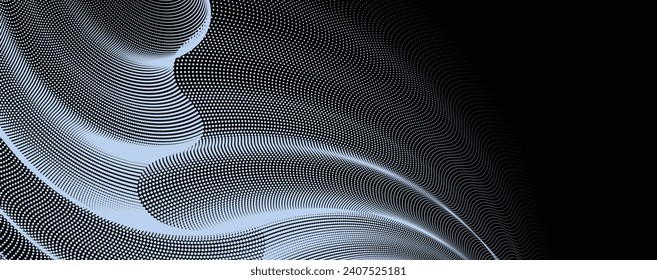 A dynamic, horizontal illustration of particle waves in a halftone gradient, forming a flowing dot curve on a white backdrop, embodying technology, so