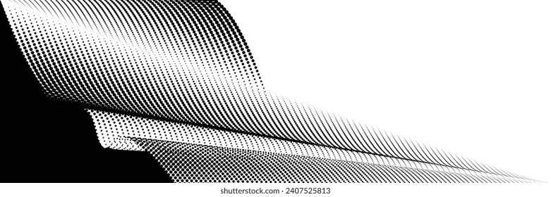 A dynamic, horizontal illustration of particle waves in a halftone gradient, forming a flowing dot curve on a white backdrop, embodying technology, so