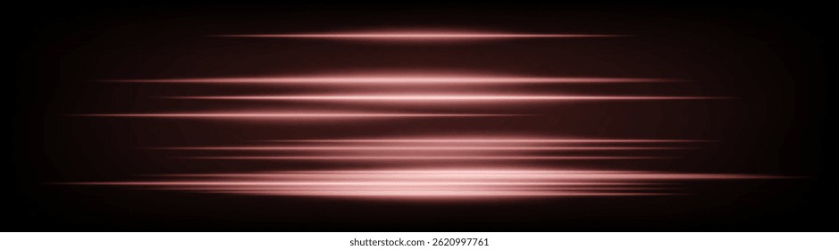 Dynamic horizontal orange neon speed lines glowing brightly on a dark background. Abstract futuristic beams perfect for digital designs, technology, and UI elements. EPS vector illustration.