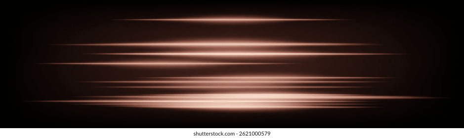 Dynamic horizontal orange neon speed lines glowing brightly on a dark background. Abstract futuristic beams perfect for digital designs, technology, and UI elements. EPS vector illustration.