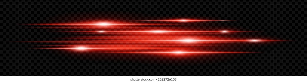 Dynamic horizontal red neon speed lines glowing brightly on a dark background. Abstract futuristic beams perfect for digital designs, technology, and UI elements. EPS vector illustration.