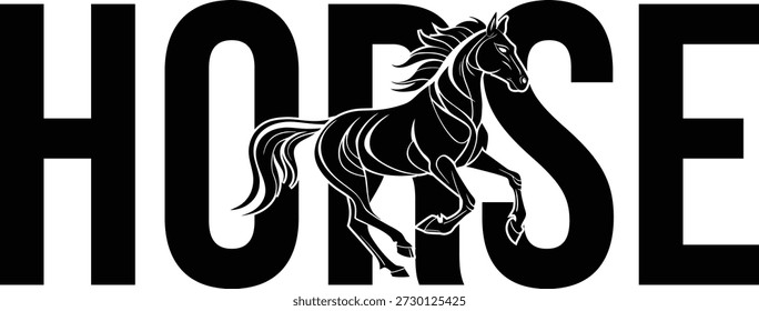 Dynamische Pferdedarstellung, integriert in kühne Typografie, ein stylisches Design für Pferdefreunde und Grafikprojekte
