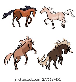 Dynamic horse illustration set, featuring running and rearing horses with ink strokes, hand drawn vector illustration.