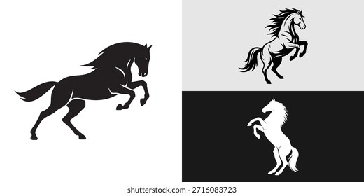 Logos de caballos dinámicos con poses de cría potentes en varios estilos monocromáticos. Año Nuevo lunar chino.