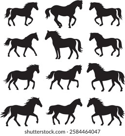 Dynamic Horse Silhouette Vector Set Showcasing Majestic Poses