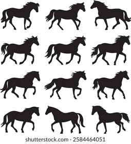 Dynamic Horse Silhouette Vector Set Showcasing Majestic Poses