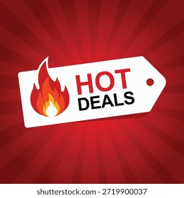 Etiqueta de trato caliente dinámica colocada sobre un fondo explosivo. Diseñado para ofertas especiales, ventas flash, campañas de descuento, publicidad minorista y materiales de marketing promocional.
