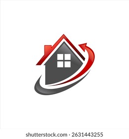 Dynamic house logo with red and gray arrow swirl, symbolizing growth, renovation, or real estate business. Ideal for property agents, developers, or investment companies.