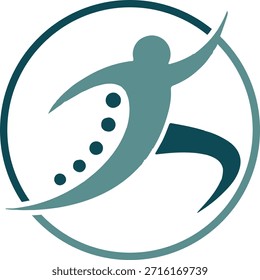 Figura humana dinámica con puntos de la columna vertebral en el logotipo del círculo