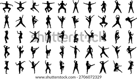 Dynamic human silhouette vector, expressive poses, dance and martial arts movement, black figures grid, body language illustration, stock design, motion concept