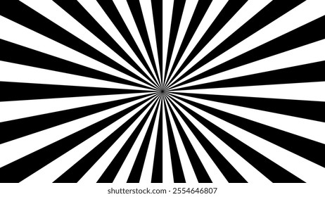 Dynamic  Hypnotic black and white radial sunburst pattern with high contrast, ideal for retro, modern, or optical illusion-themed designs.