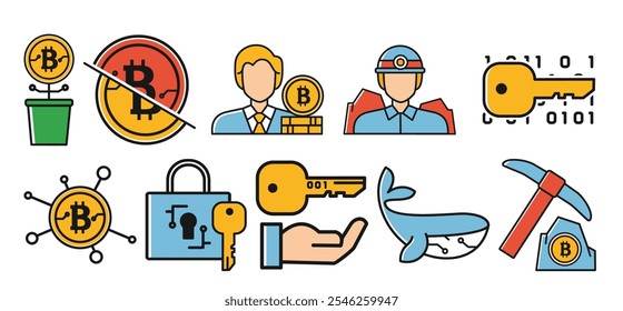 Um conjunto de ícones dinâmicos ilustrando criptomoeda e temas blockchain, incluindo crescimento Bitcoin, chaves de segurança, mineração e investidores baleia, em um estilo moderno.