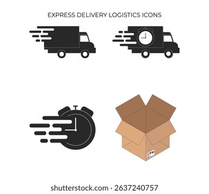 Dynamic icons depicting fast delivery: two speed-lined trucks (one with an alarm clock), a standalone clock, and an open cardboard box.