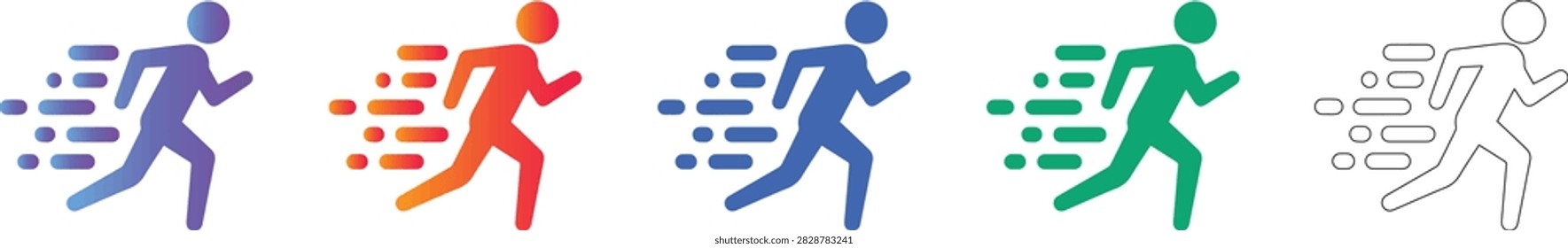 Dynamic icons of a running person with motion blur lines, symbolizing speed, agility, and performance. These graphics are ideal for fitness apps, athletic business branding, and productivity themed content, available in various color gradients.
