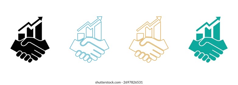 Los iconos dinámicos muestran un apretón de manos que se fusiona con un gráfico de negocios en ascenso, que simboliza acuerdos exitosos, crecimiento financiero y asociaciones sólidas.