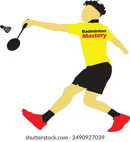 Dynamic illustration of a badminton player in a yellow shirt with "Badminton Mastery" text, black shorts, and red shoes, striking a shuttlecock with precision. Perfect for sports-related content.
