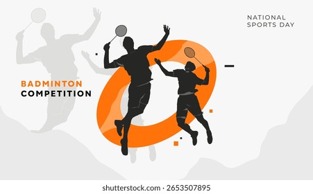 Uma ilustração dinâmica de jogadores de badminton em ação, celebrando o Dia Nacional do Esporte com silhuetas ousadas, sotaques laranja e movimento enérgico para destacar a emoção do esporte.