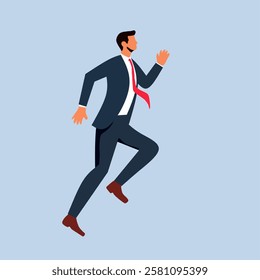 Dynamic illustration of a businessman in a formal suit jumping energetically, symbolizing ambition, motivation, and enthusiasm in professional pursuits