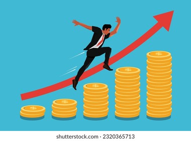 Dynamische Abbildung: Geschäftsmann, der Münztreppen hochsprengt, mit Ehrgeiz nach oben getrieben. Inspirierendes Streben nach finanziellem Erfolg, Stärkung Ihrer unternehmerischen Reise