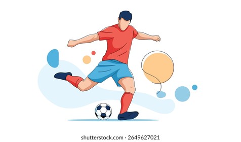 Uma ilustração dinâmica captura um atleta no meio da ação chutando uma bola de futebol sobre um fundo branco limpo