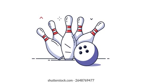 Ilustração dinâmica capturando a emoção de derrubar pinos de boliche com uma bola roxa em um jogo de boliche de dez pinos