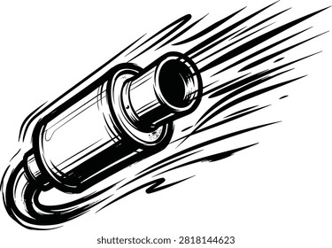 Dynamic illustration of a car exhaust muffler with stylized speed lines conveying motion and performance