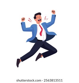 Dynamic illustration of a cheerful businessman jumping in excitement, celebrating success in business or career, symbolizing motivation, achievement, and happiness