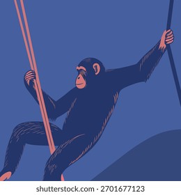 Uma ilustração dinâmica de um chimpanzé habilmente subindo cordas, destacando sua destreza física e adaptabilidade em uma composição visualmente envolvente.