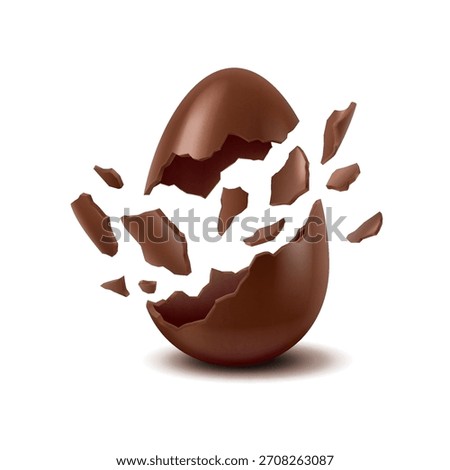 Dynamic illustration of a chocolate egg bursting into pieces, highlighting smooth texture and rich brown color. Pieces scattered artistically in midair.