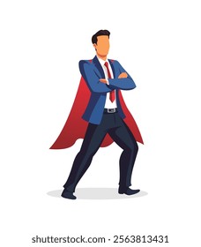 Dynamic illustration of a confident businessman wearing a superhero cape, symbolizing leadership, power, and capability. Perfect for themes of motivation and excellence