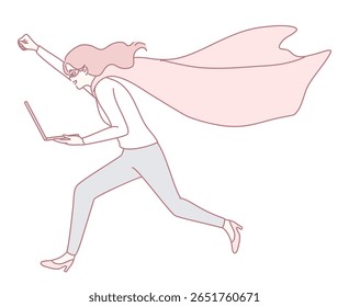Ilustração dinâmica de uma mulher confiante em uma capa elegante, mostrando sua determinação e proeza tecnológica