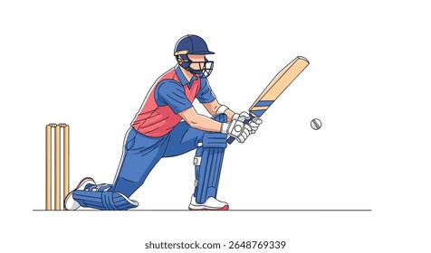 A dynamic illustration of a cricketer batting during a competitive sporting event