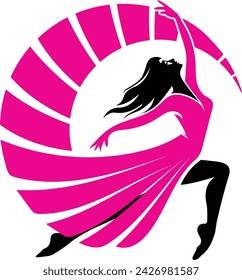 A dynamic illustration of a dancer in mid-movement, in pink and black. The dancer, with flowing hair and a graceful pose,  showing elegance