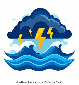 Dynamic illustration of dark storm cloud with lightning strikes over turbulent ocean waves, emphasizing weather phenomena and natural power.