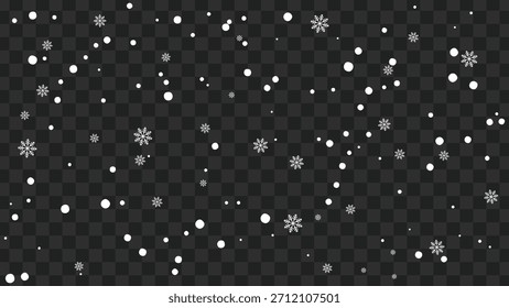 Dynamic illustration of falling white snow and delicate snowflakes. Ideal for winter, Christmas, and New Year holiday designs, overlays, and seasonal themes backgrounds.