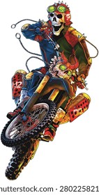 A dynamic illustration of a fearless skeleton rider launching a motocross dirt bike through the air. Featuring an action-packed pose, rugged off-road style, and dramatic motion, this artwork is ideal for extreme sports, racing, adventure, and fantasy-themed designs.