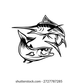 Ilustração dinâmica com dois peixes agressivos formando uma composição circular. Adequado para logotipo de pesca, marca de pesca esportiva, negócios de frutos do mar, aventura ao ar livre, torneio de pesca, design de vestuário, logotipo mascote, arte de tatuagem e projetos de marca criativa. Negrito preto arte linha com alto contraste e movimento energético.