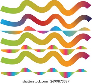 Ilustração dinâmica com linhas onduladas vibrantes e multicoloridas com gradientes suaves. Este padrão abstrato evoca movimento, ritmo e energia moderna, perfeito para diversas formações criativas