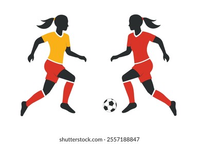 Dynamic illustration of a female soccer player in motion, kicking a ball with determination. Vibrant colors, ponytail flying, uniformed, isolated on white background, symbolizing teamwork, fitness png