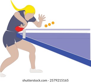 A dynamic illustration of a female table tennis player in action, focusing on hitting the ball with energy and precision during a match.