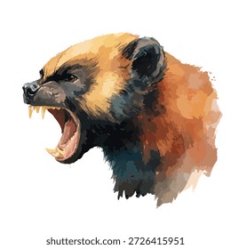 Dynamic illustration of a fierce wolverine head snarling, showcasing raw power and wild aggression. Perfect for wildlife themes, strong branding, or predator graphics.