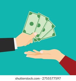 Dynamic illustration of a financial transaction, featuring hands exchanging paper currency, representing payment, loan, or investment