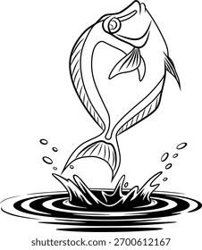 Uma ilustração dinâmica de um peixe saltando para fora da água, mostrando movimento e energia. Perfeito para projetos de pesca, logotipos ou arte com tema aquático.