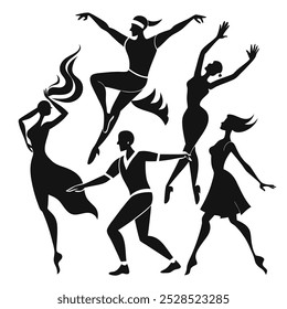 A dynamic illustration of five dancers in silhouette, showcasing various poses and movements, capturing the energy and fluidity of dance.