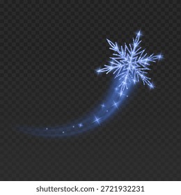 Ilustración dinámica de un copo de nieve brillante con un rastro de luz mágica. El brillante cristal de invierno cuenta con un brillante efecto de destello, estrellas brillantes y un suave rastro de desenfoque de movimiento. Aislado sobre un fondo oscuro, este elegante elemento es perfecto para carteles de Navidades, Anuncios de Año Nuevo, promociones de deportes de invierno y animaciones festivas de vacaciones