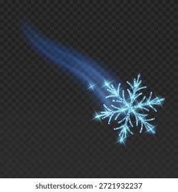 Dynamic illustration of a  glitter snowflake with a magical light trail. The shimmering winter crystal features a brilliant sparkle effect, glowing stars, and a soft motion blur trail. Isolated on a dark background, this elegant element is perfect for Christmas posters, New Year banners, winter sports promotions, and festive holiday animations