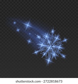 Ilustración dinámica de un copo de nieve brillante con un rastro de luz mágica. El brillante cristal de invierno cuenta con un brillante efecto de destello, estrellas brillantes y un suave rastro de desenfoque de movimiento. Aislado sobre un fondo oscuro, este elegante elemento es perfecto para carteles de Navidades, Anuncios de Año Nuevo, promociones de deportes de invierno y animaciones festivas de vacaciones