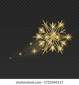 Dynamische Illustration einer Glitzer-Schneeflocke mit einer magischen Lichtspur. Der schimmernde Winterkristall zeichnet sich durch einen brillanten Funkeleffekt, leuchtende Sterne und eine weiche Bewegungsunschärfe aus. Einzeln auf dunklem Hintergrund eignet sich dieses elegante Element perfekt für Weihnachtsposter, Neujahrsbanner, Wintersport-Aktionen und festliche Urlaubsanimationen
