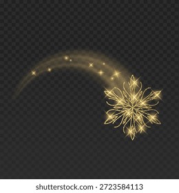 Ilustración dinámica de un copo de nieve brillante con un rastro de luz mágica. El brillante cristal de invierno cuenta con un brillante efecto de destello, estrellas brillantes y un suave rastro de desenfoque de movimiento. Aislado sobre un fondo oscuro, este elegante elemento es perfecto para carteles de Navidades, Anuncios de Año Nuevo, promociones de deportes de invierno y animaciones festivas de vacaciones